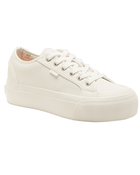 The Roxy Cruizer LX Sneaker is a white low-top with a textured leather upper, white laces, and a thick rubber sole, displayed at an angle on a plain white background.