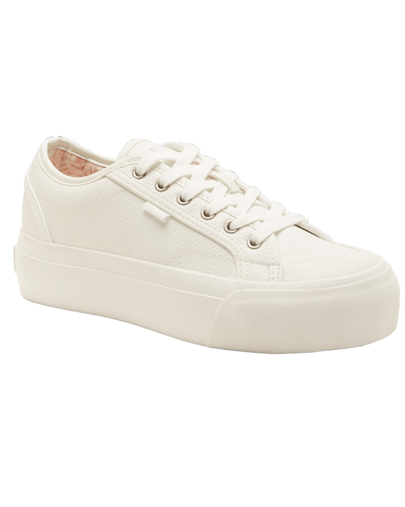 The Roxy Cruizer LX Sneaker is a white low-top with a textured leather upper, white laces, and a thick rubber sole, displayed at an angle on a plain white background.