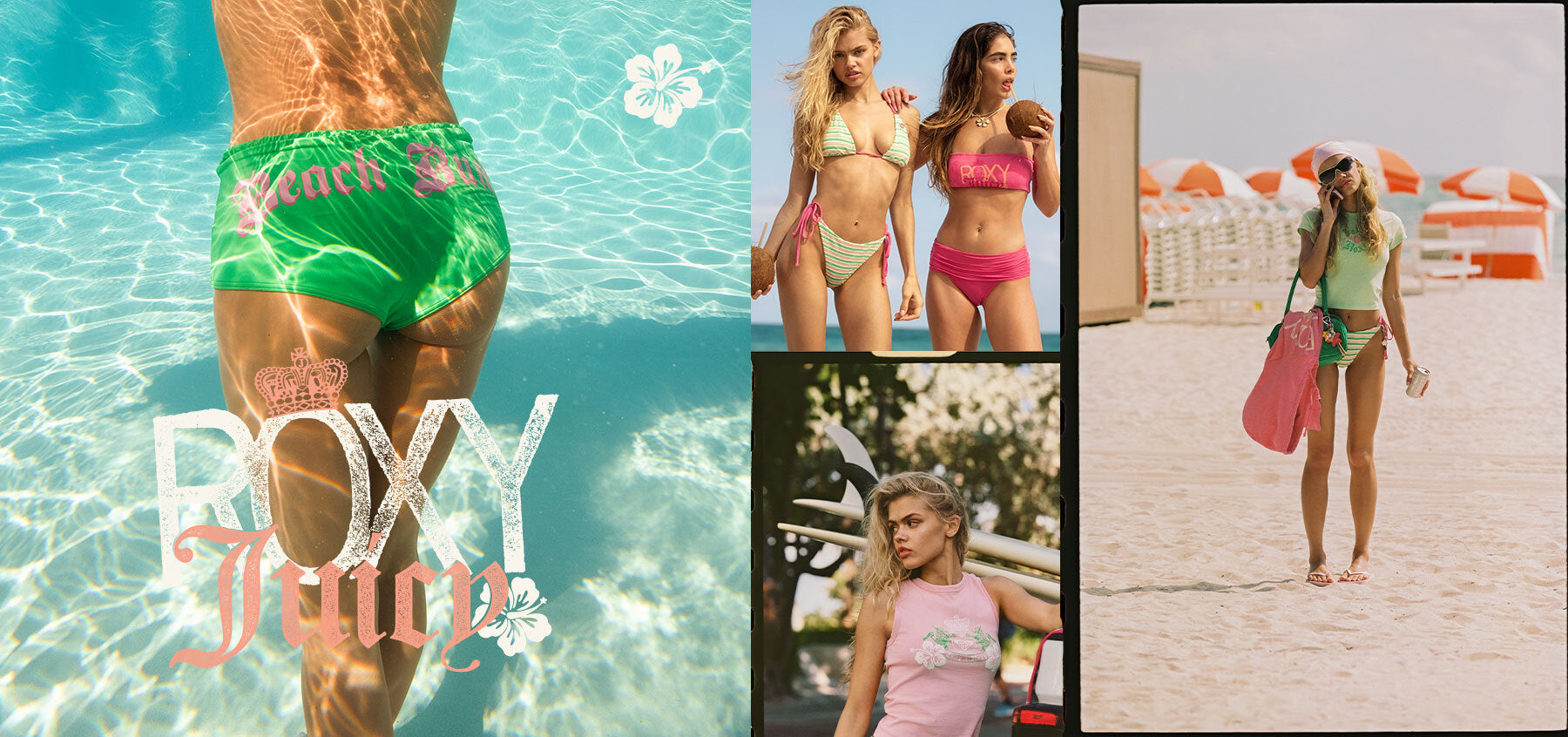 Roxy x juicy beachwear collage featuring women in colorful swimwear and surf-inspired outfits at the beach and pool, with “ROXY JUICY” text overlay.