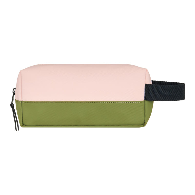 The Roxy Pop It Pencil Case is a rectangular, water-resistant pouch featuring a light pink top, olive green bottom, a black zipper, and a black fabric handle on the right side.