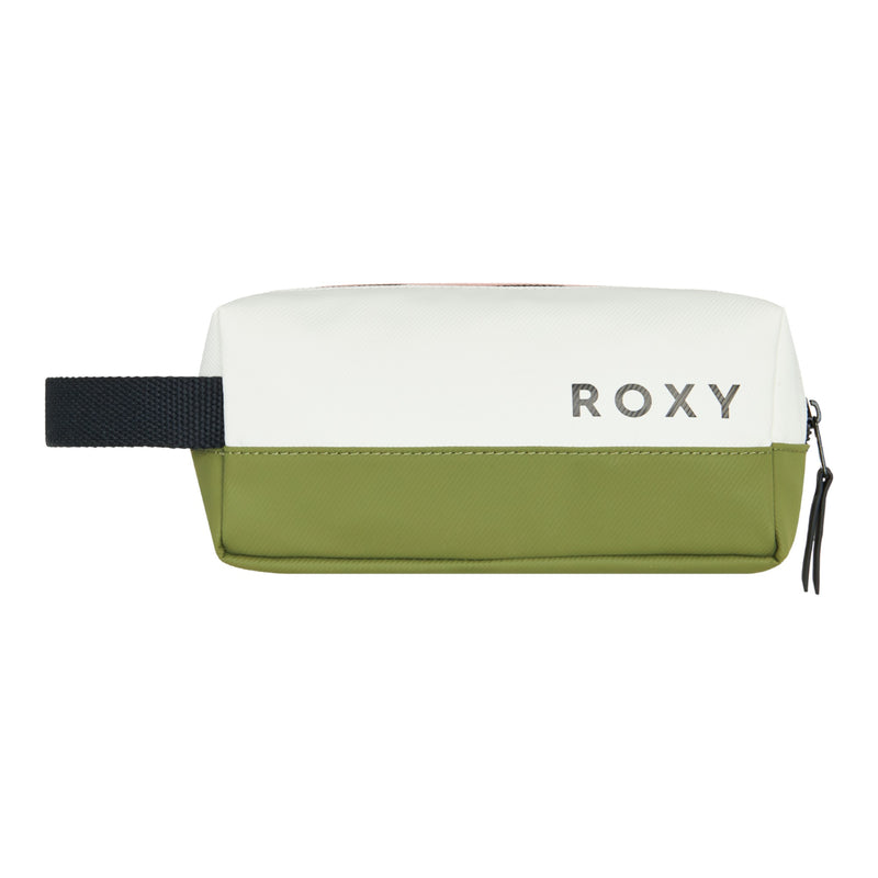 Roxy’s Pop It Pencil Case is a rectangular, coated case featuring an oil green bottom, a white top, a black zipper and side strap, with “ROXY” printed in gray letters on the front.
