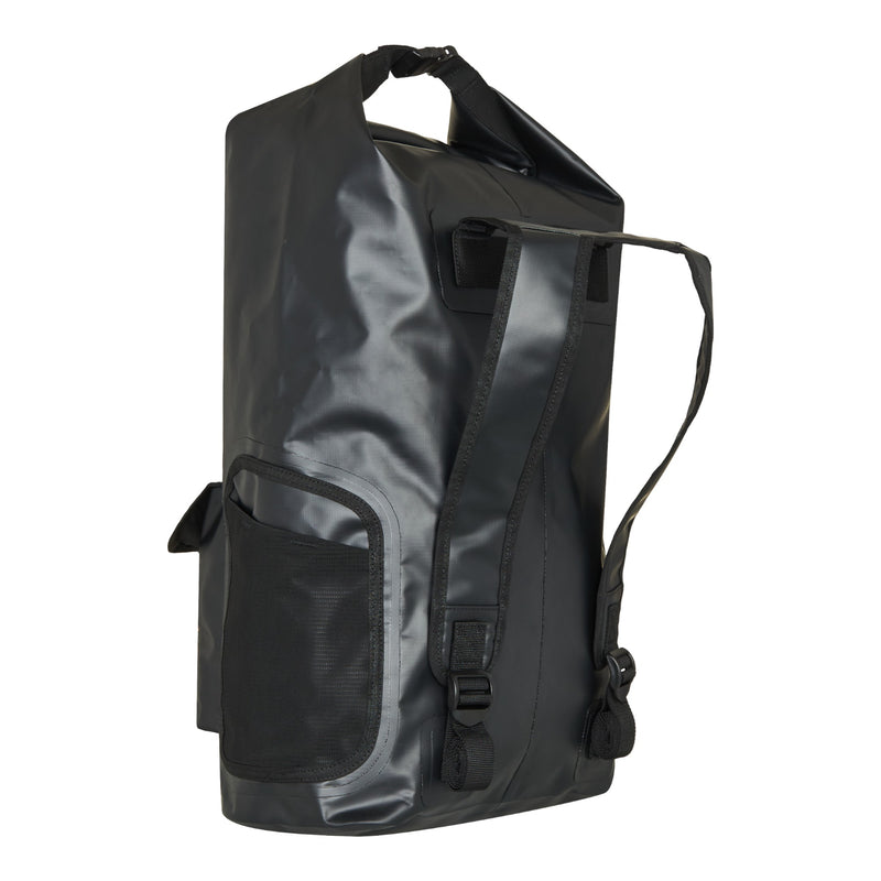 The Roxy Need It Backpack, featuring a black waterproof design with a roll-top closure, side pocket, mesh detailing, and adjustable shoulder straps—perfect for carrying your surf gear or wetsuit—stands upright on a white background.