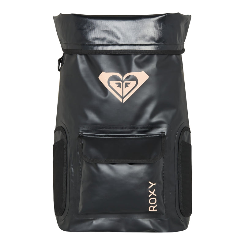 The Need It Backpack by Roxy is black with a tan logo, features a spacious front pocket ideal for surf gear or a wetsuit, side mesh pockets, and has the brand name ROXY printed vertically on the lower right.