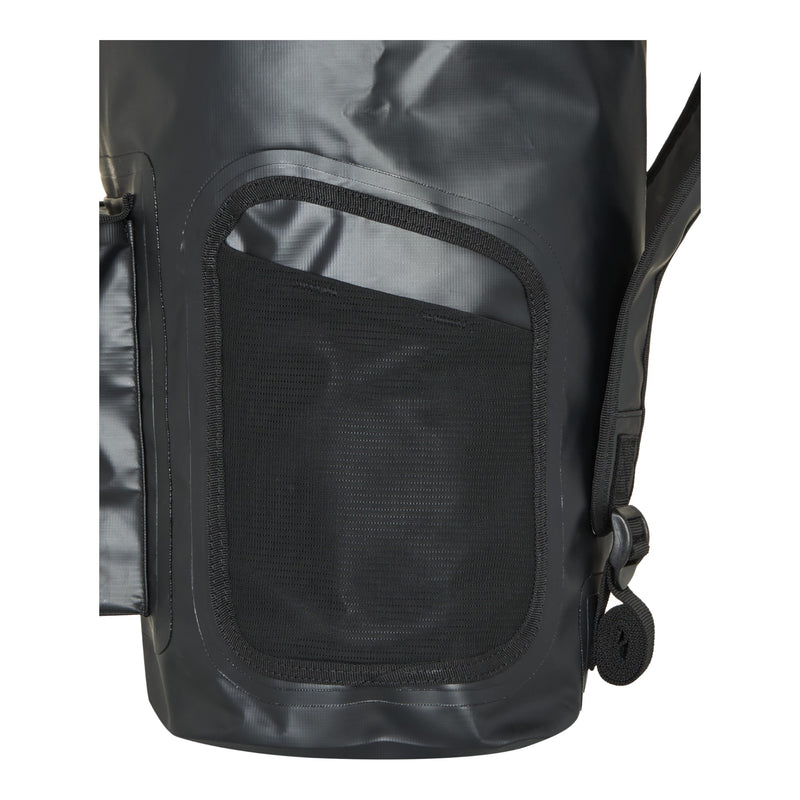 Close-up of the Roxy Need It Backpack in black, featuring a mesh pocket and a side strap with buckle. Ideal for carrying surf gear or a wetsuit, this backpack is made from durable, water-resistant material.