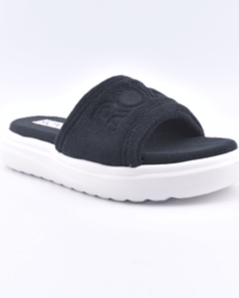 The Roxy Gelato Sandal is a black open-toe slide with an embossed strap and thick white sole, shown on a white background.
