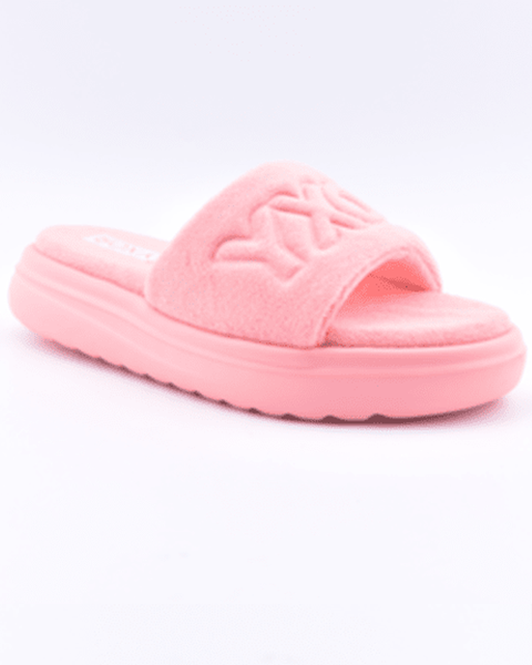 The Roxy Gelato Sandal is a single pink fuzzy slide featuring a wide strap and thick, textured sole, shown on a white background.