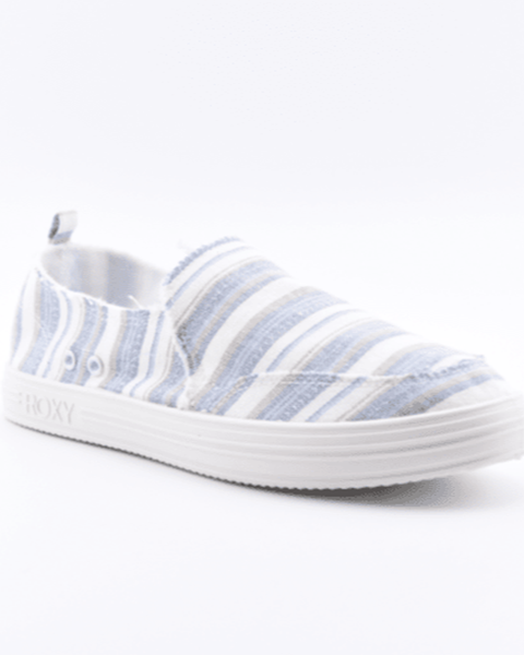 The Roxy Lola Sandal features light blue and white horizontal stripes, white elastic side accents, a white rubber sole, and “Roxy” embossed on the side.