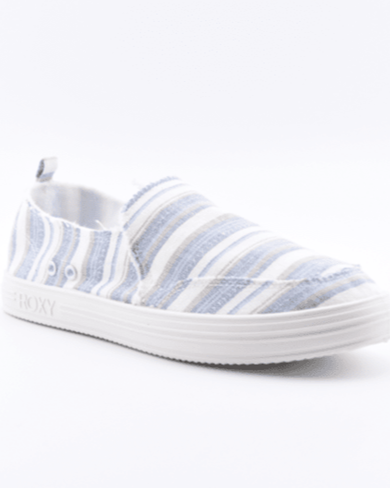 The Roxy Lola Sandal features light blue and white horizontal stripes, white elastic side accents, a white rubber sole, and “Roxy” embossed on the side.