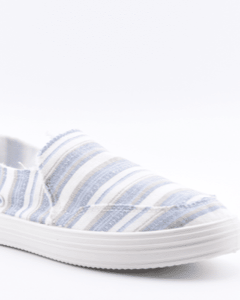 The Roxy Lola Sandal is a relaxed, summery slip-on featuring light blue, white, and beige horizontal stripes with a white rubber sole.