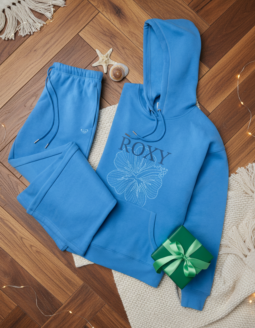 Blue hoodie with 'Roxy' logo and matching pants on a wooden floor with a green gift box.