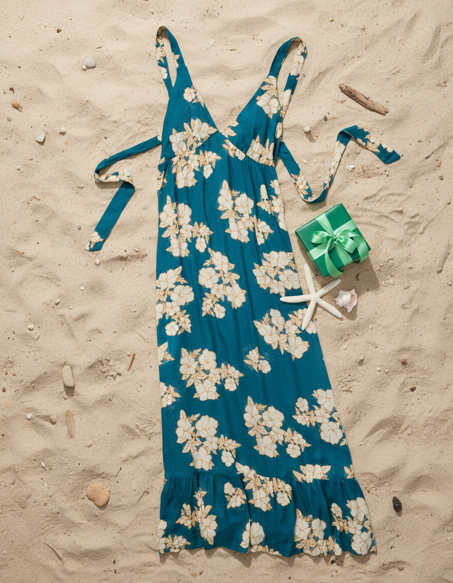 Blue floral dress on sand with a green gift box and starfish