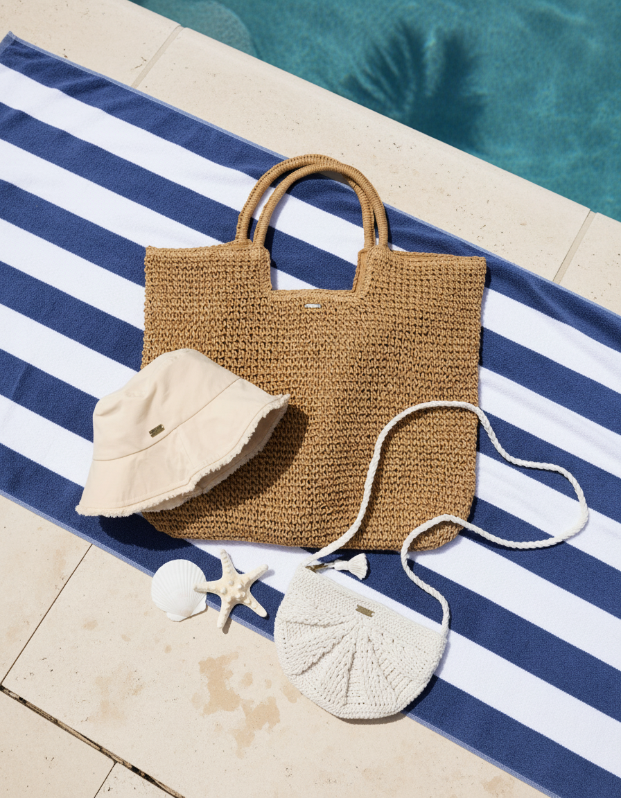 Woven bag, bucket hat, and sandal on a striped towel by a pool
