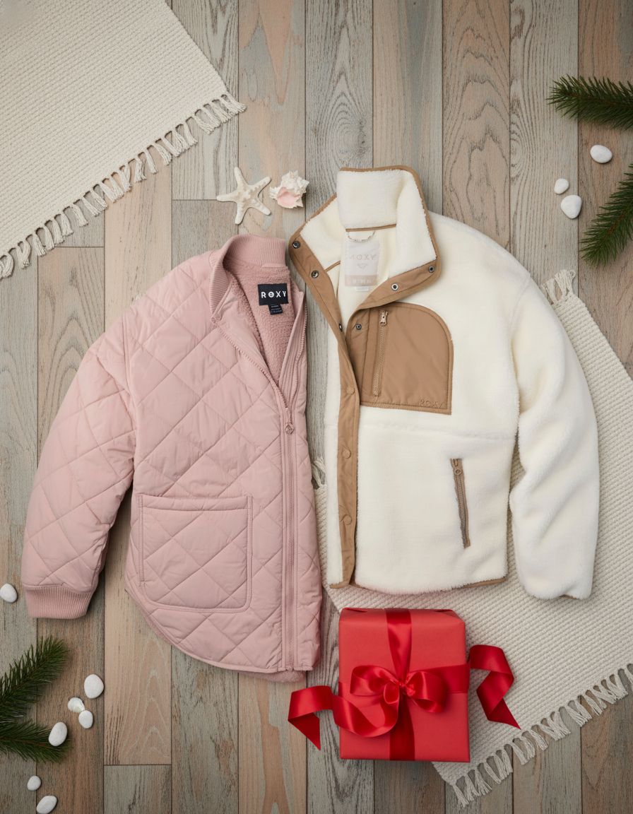 Two jackets, one pink and one white with brown accents, on a wooden surface with a red gift box.
