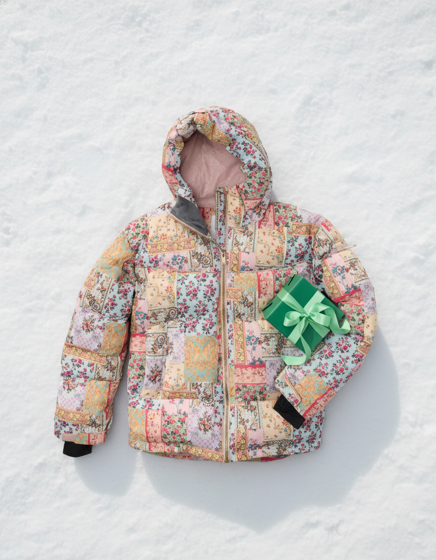 Floral patterned jacket on a snowy ground