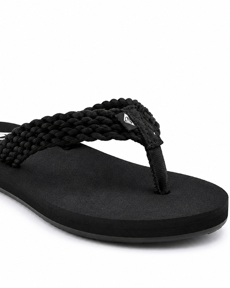 The Roxy Porto IV Sandal features a black braided textile strap with a small triangular logo on the side, set against a white background—ideal for women wanting stylish and comfortable sandals.