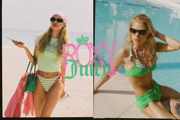 Two women in swimsuits with 'Roxy' branding, one on a beach and one by a pool.