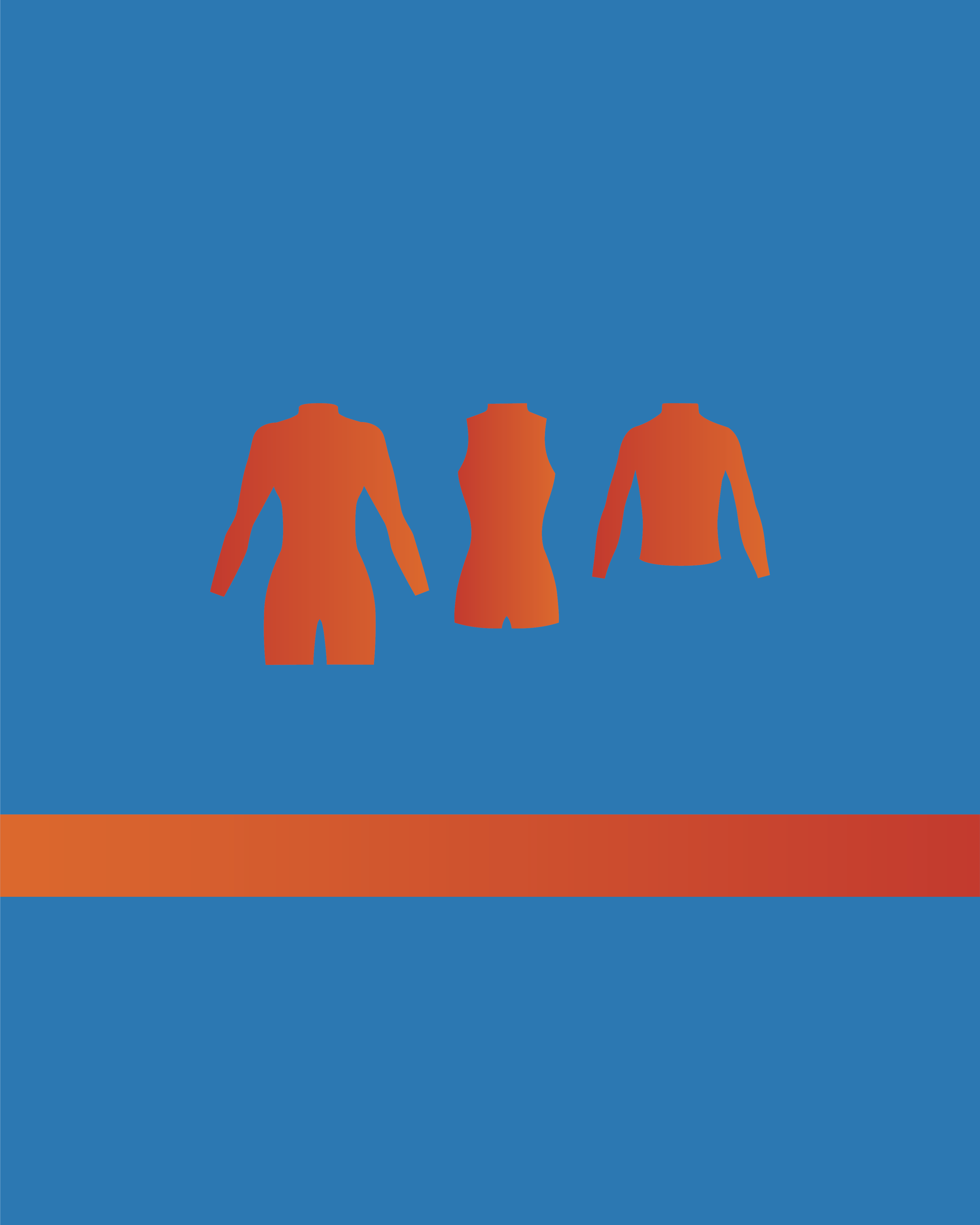 Three orange abstract figures on a blue background with an orange stripe at the bottom.