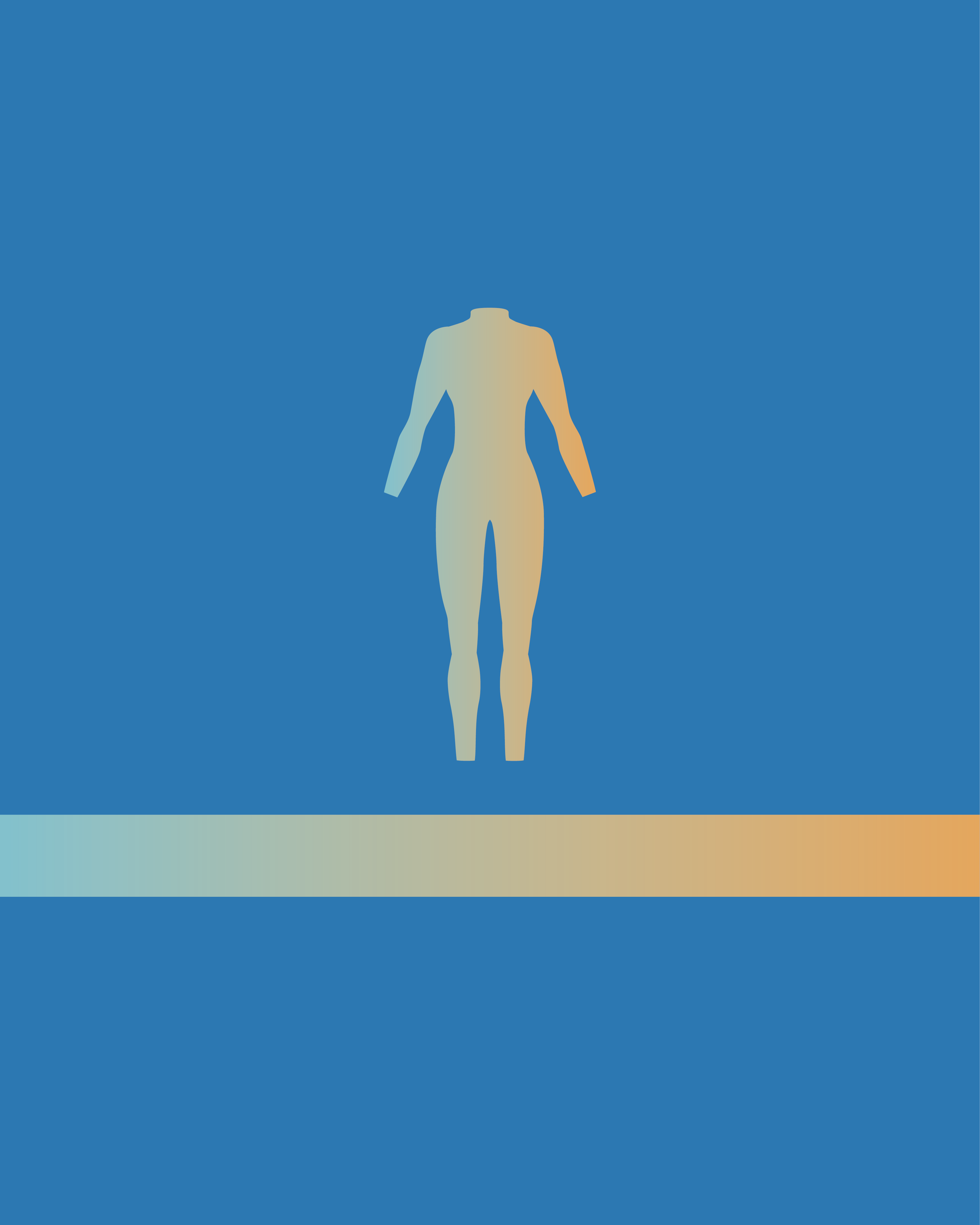 Gradient blue to orange background with a stylized human figure.