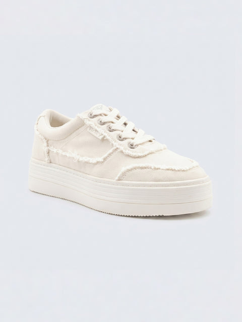 The Roxy Sheilahh 2.0 Sneaker features a white platform design with frayed edges, white laces, and a thick sole, shown against a light gray background.
