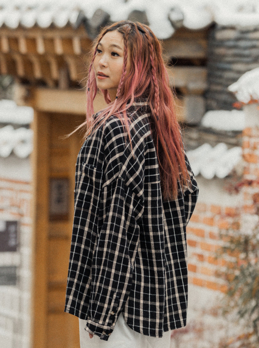 Chloe Kim Oversized Flannel Shirt - Anthracite Platz Plaid