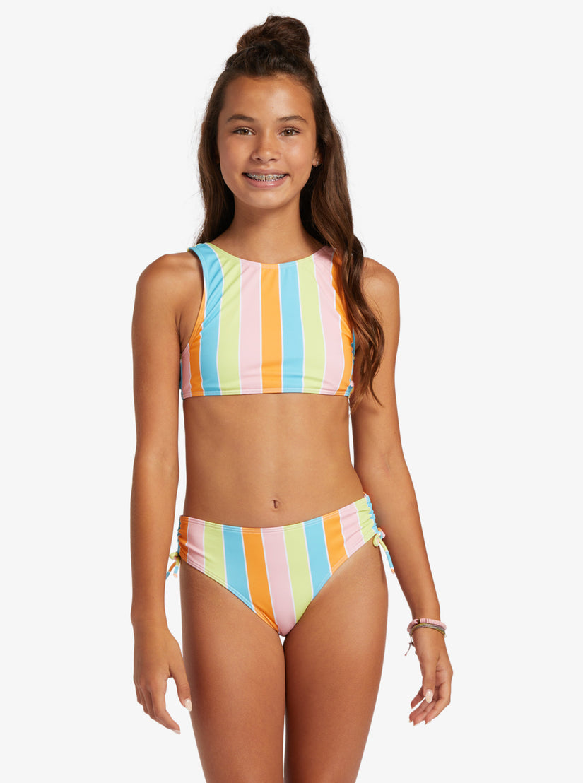 Girls 4-16 Last In Paradise Two Piece Crop Top Bikini Set - Bachelor Button Rainbow Rays