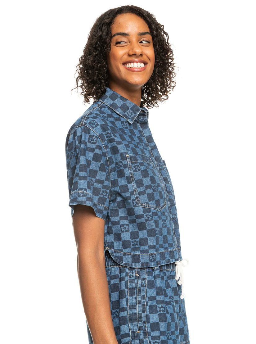 Blue Wave Club Printed Short Sleeve Crop Denim Shirt - Mood Indigo Sol Power