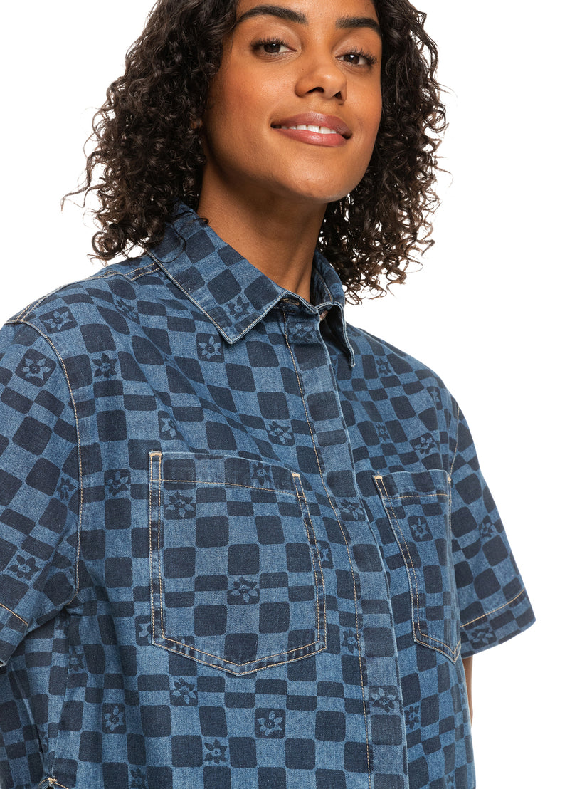 Blue Wave Club Printed Short Sleeve Crop Denim Shirt - Mood Indigo Sol Power