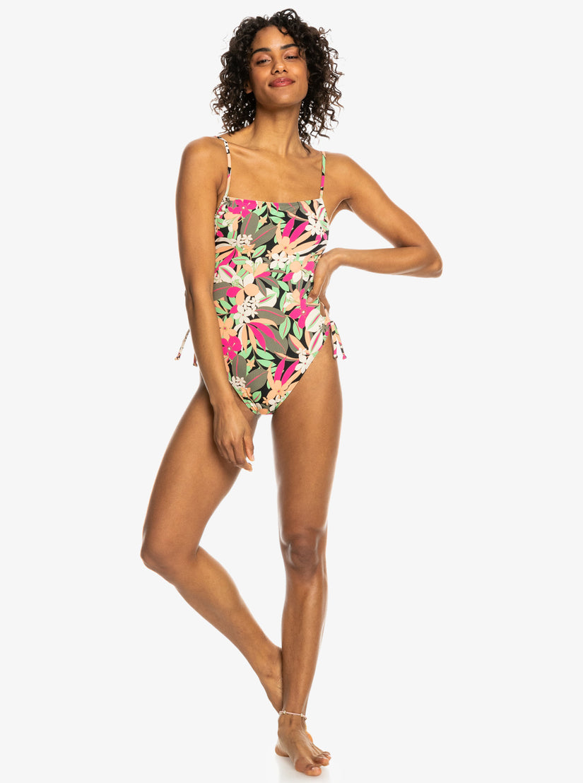 Printed Beach Classics Lace Up One-Piece Swimsuit - Anthracite Palm Song S